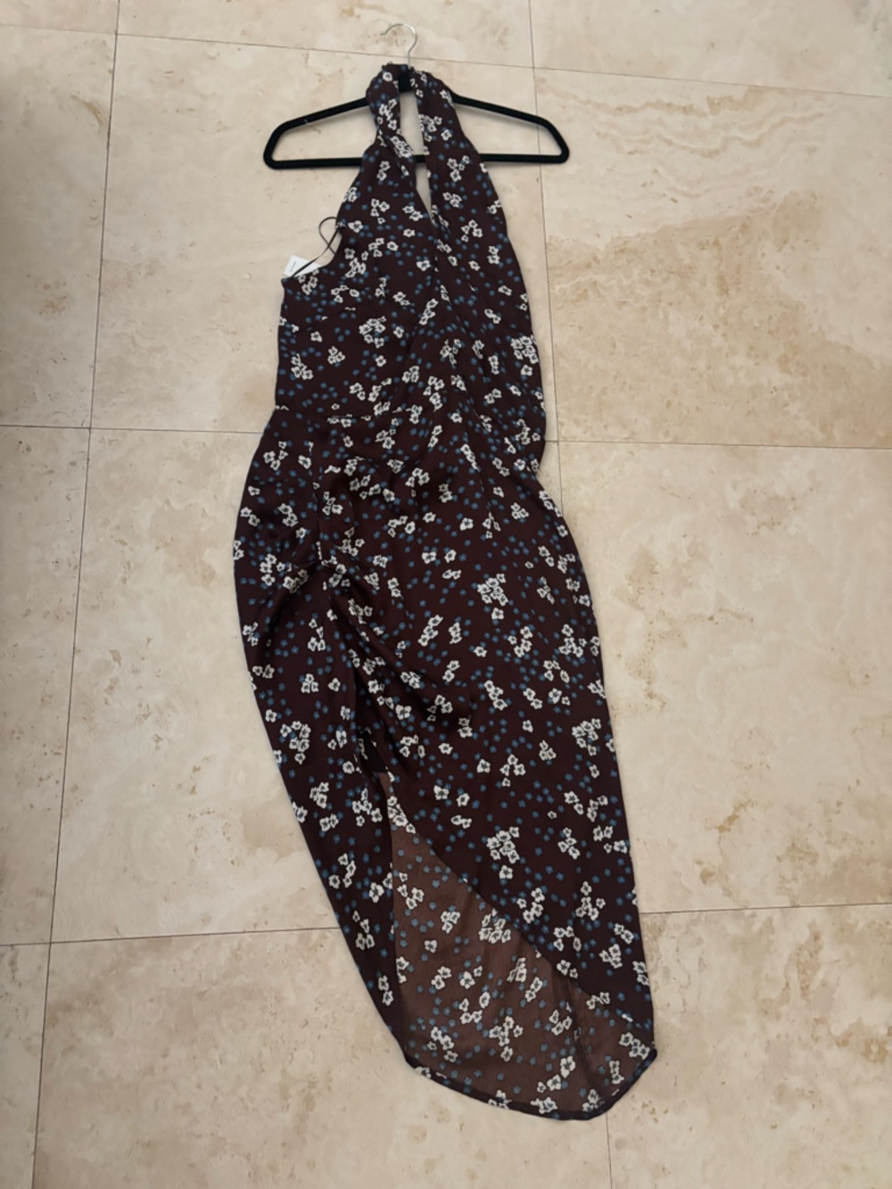 Heartloom Dark Brown Floral Halter Maxi Dress with White & Light Blue Flowers